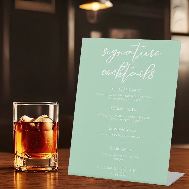 Mint Green White Wedding Signature Cocktails Menu Pedestal Sign (Creator Uploaded)