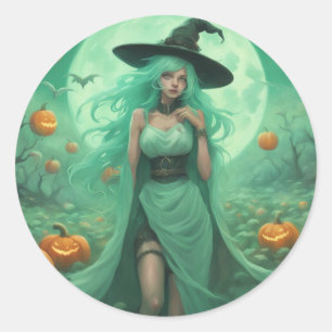 Mint green witch in pumpking patch classic round sticker