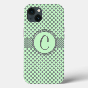 Mint Green with Grey Polka Dots-Monogram STaylor iPhone 13 Case