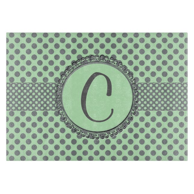 Mint Green With Grey Polka Dots-Monogram STaylor Cutting Board (Front)