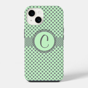Mint Green with Grey Polka Dots-Monogram STaylor iPhone 14 Case