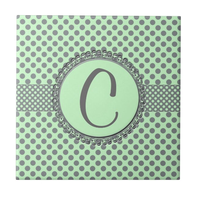 Mint Green with Grey Polka Dots-Monogram STaylor Tile (Front)