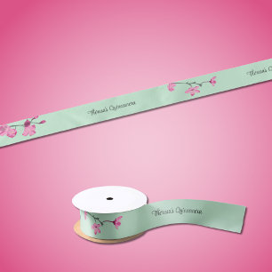 Mint Green with Pink Cherry Blossoms Personalised Satin Ribbon