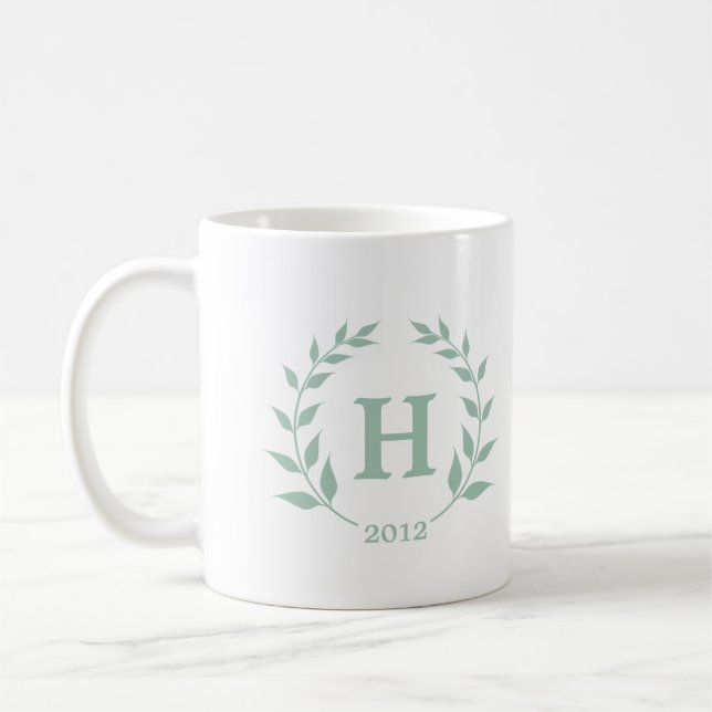 Mint green wreath monogram graduation class year coffee mug (Left)