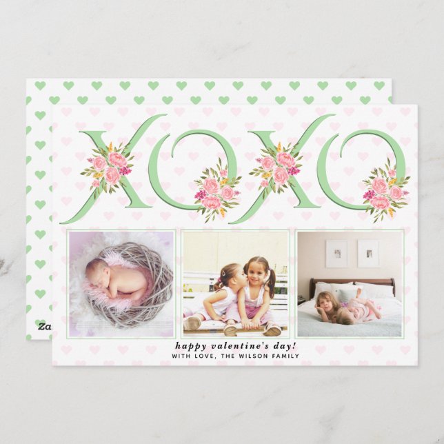 Mint green XOXO Pink roses photo Valentines Day Holiday Card (Front/Back)