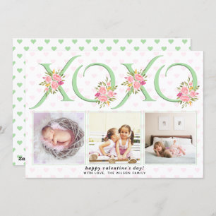 Mint green XOXO Pink roses photo Valentines Day Holiday Card