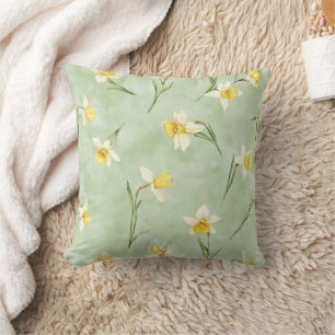Mint Green Yellow Daffodil Flowers Cushion
