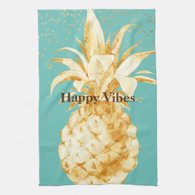 Mint Green Yellow Gold Pineapple Tea Towel (Vertical)