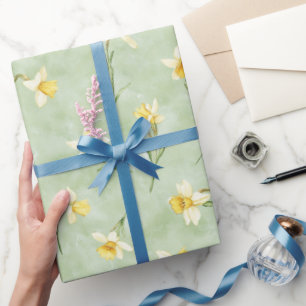 Mint Green Yellow White Daffodil Flowers Wrapping Paper