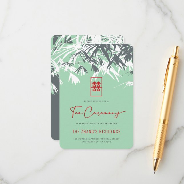 Mint Green Zen Bamboo Leaves Chinese Tea Ceremony Enclosure Card (Front/Back In Situ)