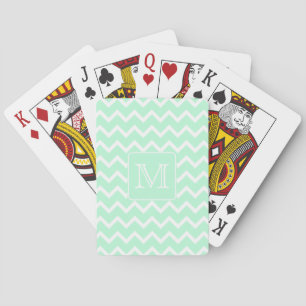 Mint Green Zigzag with Custom Monogram. Playing Cards
