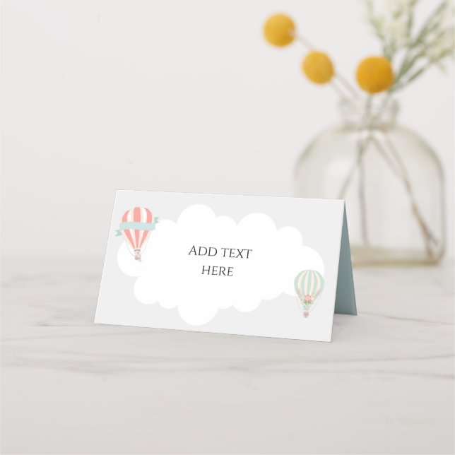 Mint, Grey And Peach Hot Air Balloon Place Card (Front)