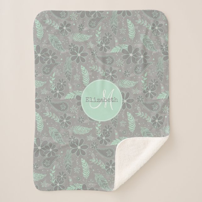mint grey boho feathers doodle flowers paislies sherpa blanket (Front)