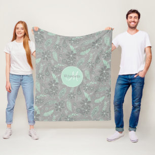 mint grey boho floral feathers pattern monogrammed fleece blanket