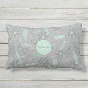 mint grey boho floral feathers pattern outdoor lumbar cushion