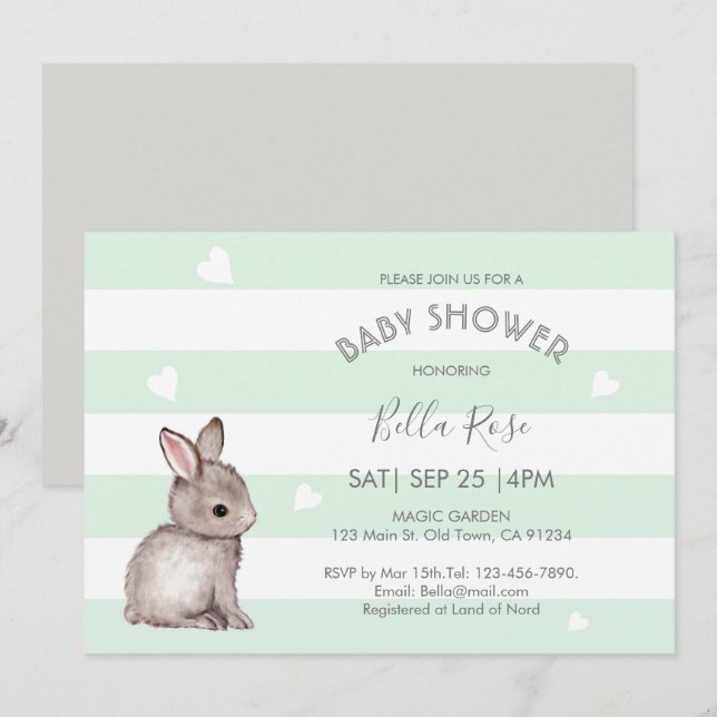 Mint Grey Bunny Baby Shower Invitations (Front/Back)