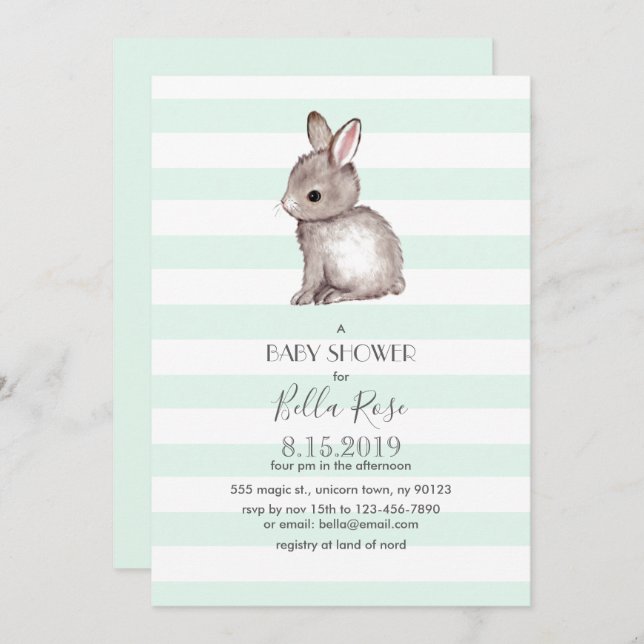 Mint grey bunny baby shower invitations (Front/Back)