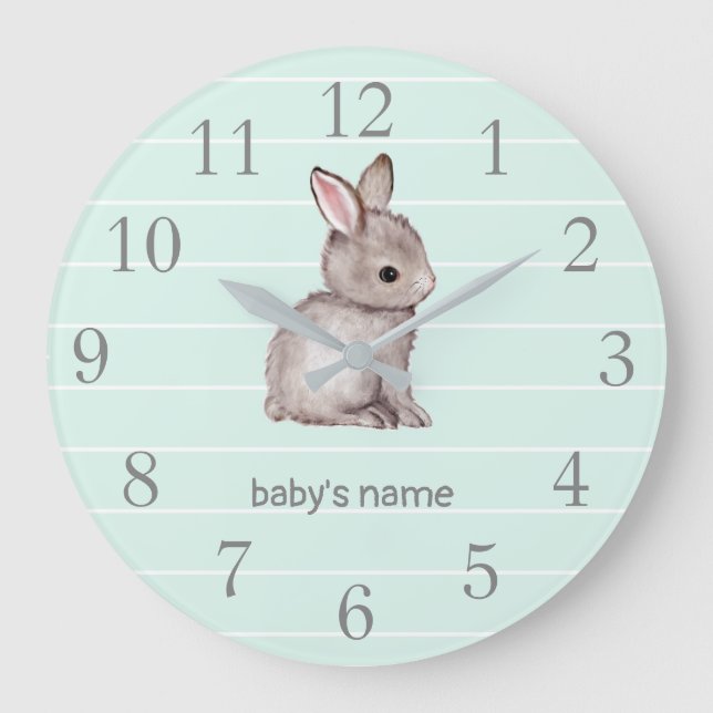Mint Grey Bunny Nursery Decor Wall Clock (Front)
