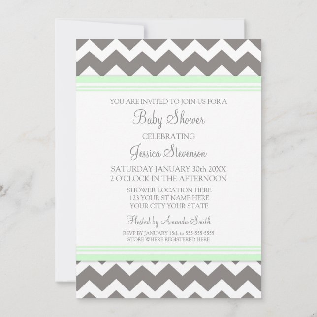 Mint Grey Chevron Custom Baby Shower Invitations (Back)