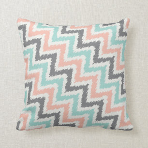 Mint Grey Coral Zigzag Ikat Pattern Cushion