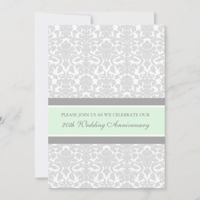 Mint Grey Damask 20th Anniversary Party Invitation (Front)