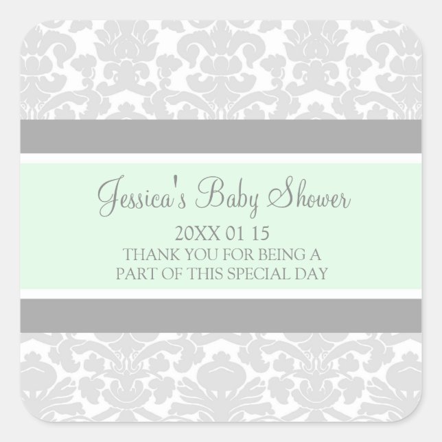 Mint Grey Damask Baby Shower Favour Stickers (Front)