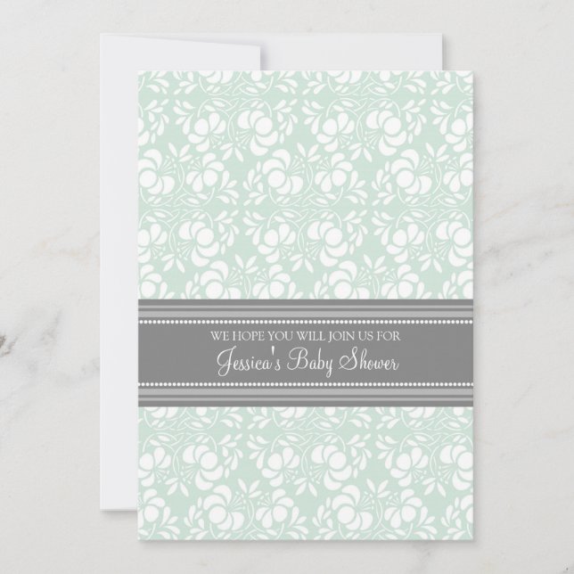 Mint Grey Damask Custom Baby Shower Invitations (Front)
