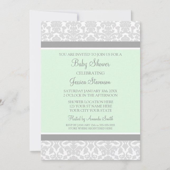 Mint Grey Damask Custom Baby Shower Invitations (Back)