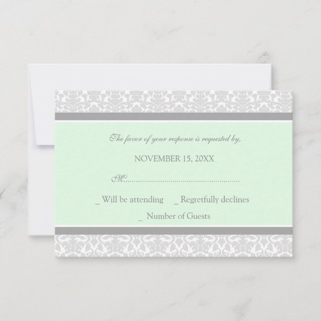 Mint Grey Damask RSVP Wedding Card (Front)