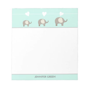 Mint Grey Heart Elephant Personalised Notepad