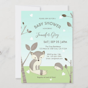Mint Grey Heart Woodland Baby Shower Invitation