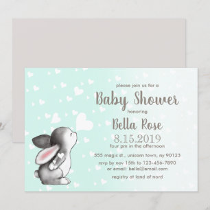 Mint Grey Hearts Bunny Baby Shower Invitations