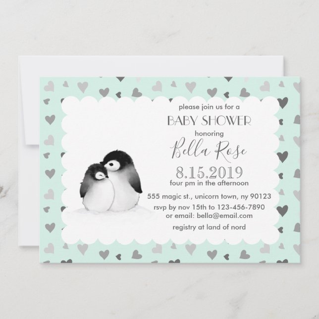 Mint Grey Hearts Penguins Baby Shower Invitations (Front)
