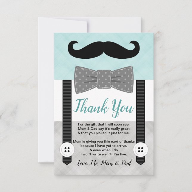 Mint grey little man moustache boy baby shower thank you card (Front)