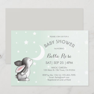 Mint Grey Moon Stars Bunny Baby Shower Invitations