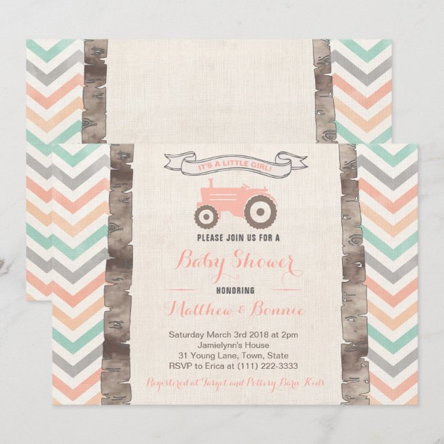 Mint Grey Peach Tractor Girl Baby Shower Invitation (Front/Back)