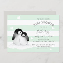 Mint Grey Penguin Baby Shower Invitations