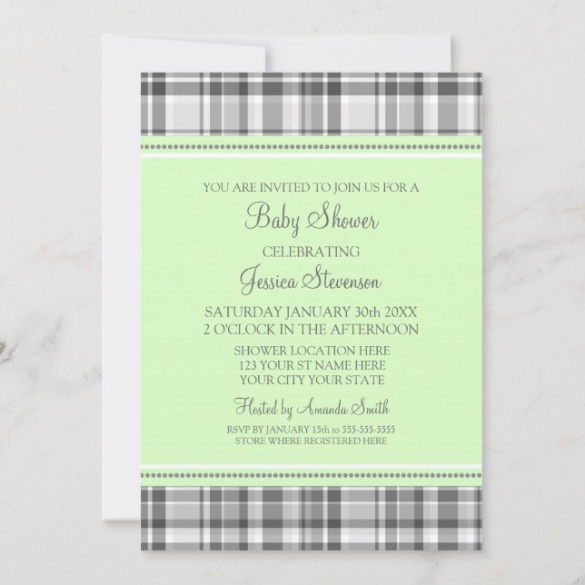 Mint Grey Plaid Custom Baby Shower Invitations (Back)
