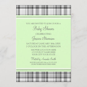Mint Grey Plaid Custom Baby Shower Invitations