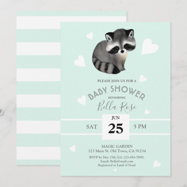 Mint Grey Racoon Baby Shower Invitations (Front/Back)