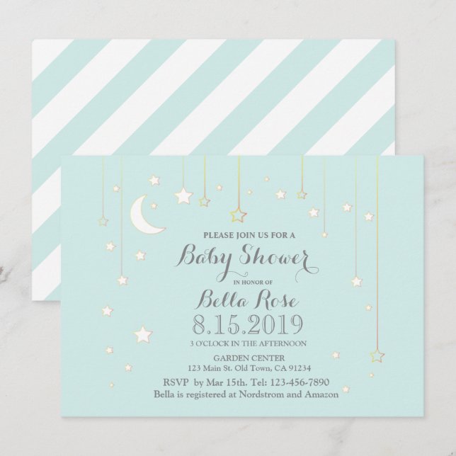 Mint grey star moon baby shower invitations (Front/Back)