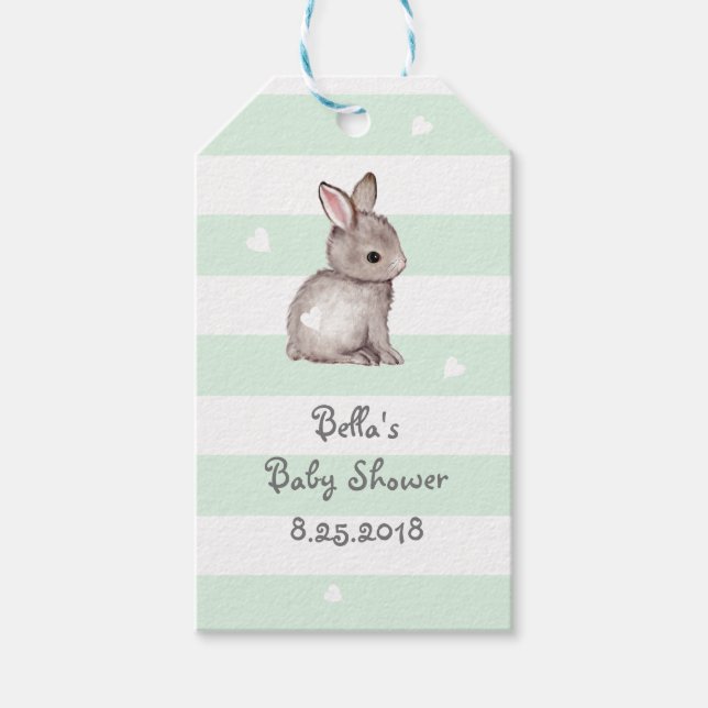 Mint Grey Stripes Bunny Heart Gift Tag (Front)