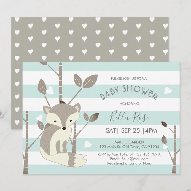 Mint Grey Stripes Fox Heart Baby Shower Invitation (Front/Back)