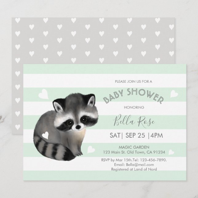 Mint Grey Stripes Racoon Heart Baby Shower Card (Front/Back)