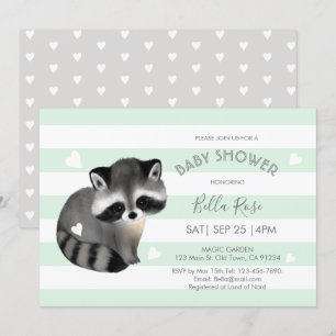 Mint Grey Stripes Racoon Heart Baby Shower Card