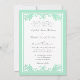 Mint Grey Vintage Flourish Scroll Wedding Invitation