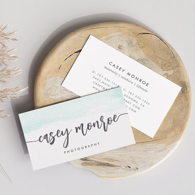 Mint & Grey Watercolor Signature Script Business Card (Creator Uploaded)