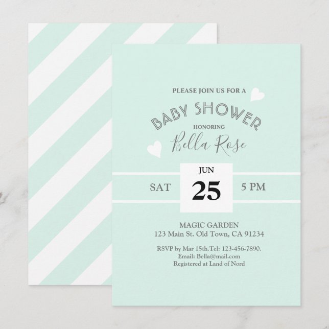 Mint Grey White Stripes Baby Shower Invite (Front/Back)