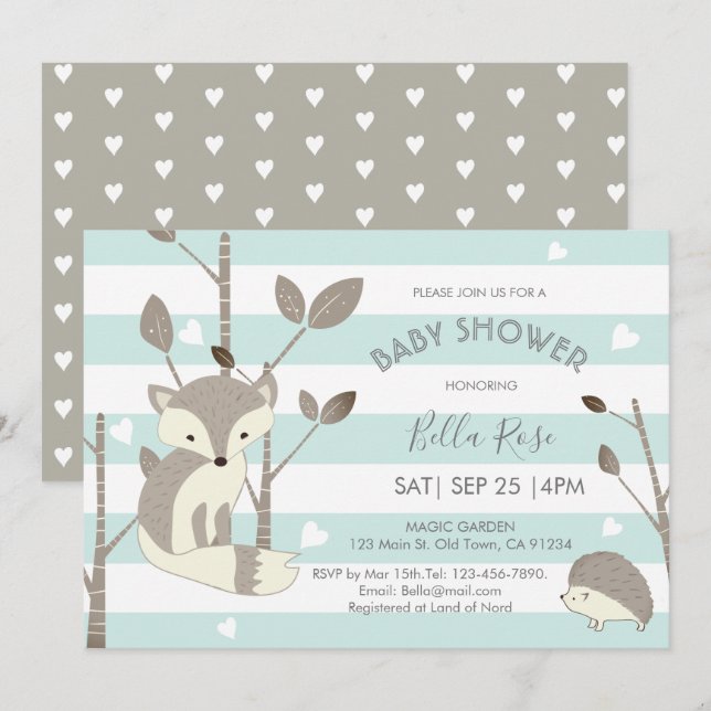 Mint Grey Woodland Fox Hedgehog Baby Shower Card (Front/Back)