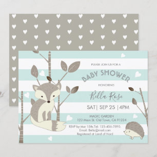 Mint Grey Woodland Fox Hedgehog Baby Shower Card